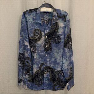 TALLIA XL Paisley Blue Cloud Palette Long Sleeve Pocket Dress Button Down Shirt